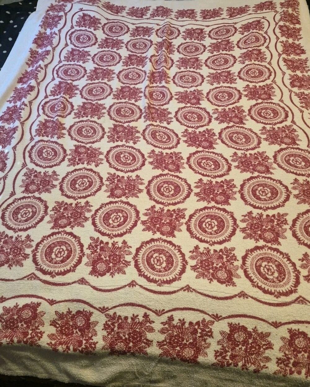 Tastemaker By Stevens Terry Cloth Tablecloth White Red Floral Mandala Vintage
